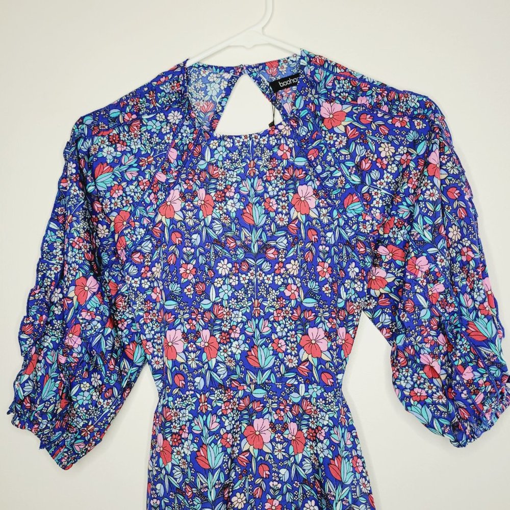 Boohoo Tiered Open Back Maxi Madaxi Dress Floral Size 8 Puff Sleeves Round Neck - Picture 7 of 14